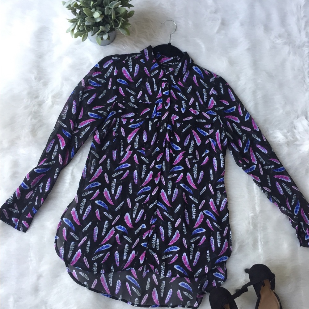 Feather button down sheer hi- low blouse